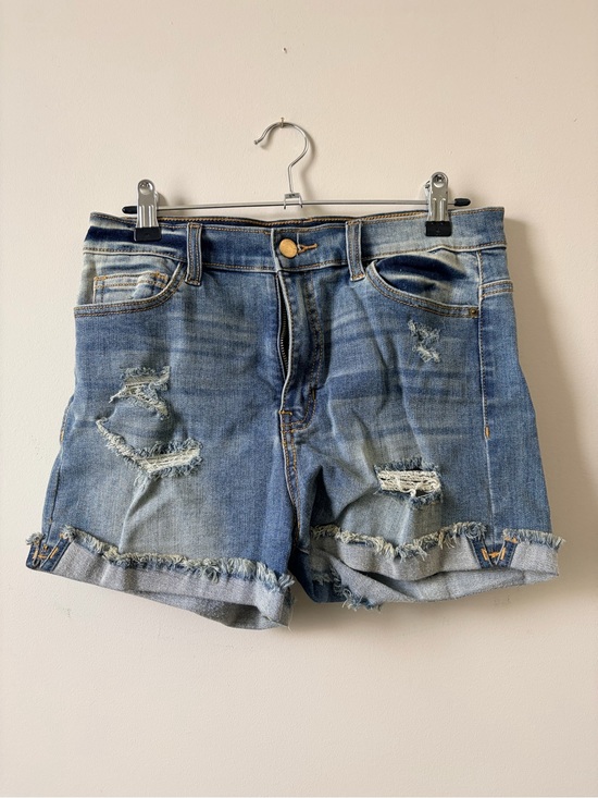Poison Mushroom Pants - Mid-Rise Distressed Denim Jean Shorts - Blue